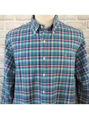 Ralph Lauren Plaid Cotton Button Up XL Casual Preppy Closet Staple Mens Blue